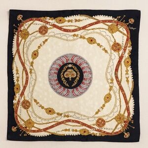 Vintage Echo Regal Crown Silk Scarf Baroque Jewel Print Large Square Black Gold